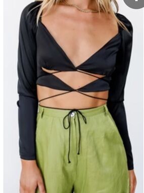 Verge Girl Black Long-Sleeve Wrap Crop Top with Crisscross Ties